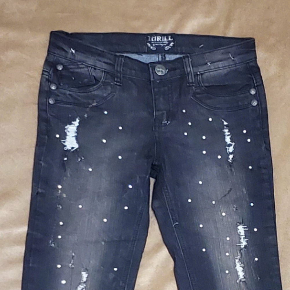 THRILL GREY AND BLACK RHINESTONES JEANS...JUNIORS SIZE 14 - Picture 8 of 8